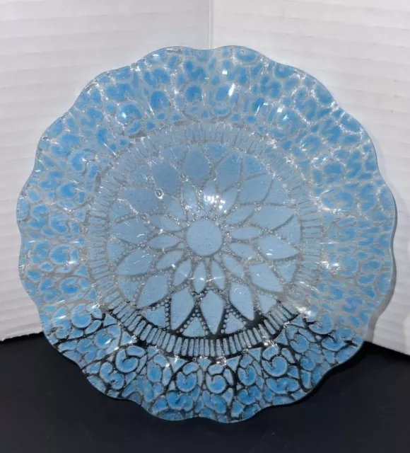 Sydenstricker Glass Baby Blue Embassy Patterned Ruffled Bowl Candy Dish 6 7/8” 2