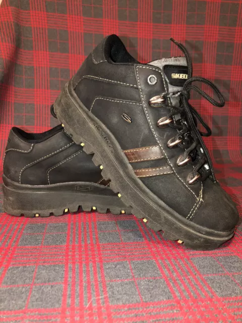 Skechers W8 Black Leather Y2K Chunky Platform Jammers #45066 Metal Loop Eyelets