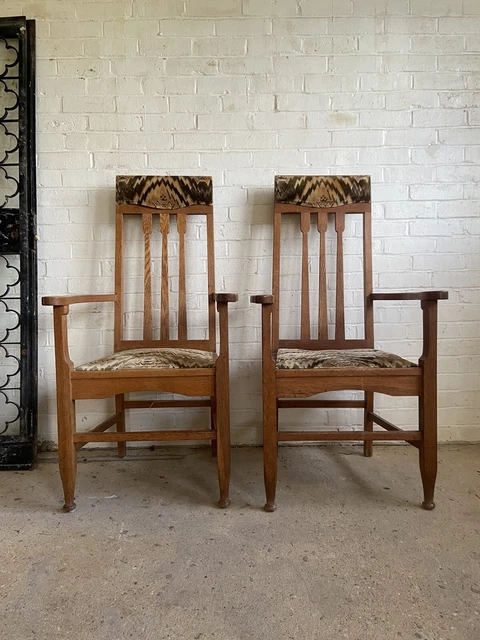 Pair of Arts and Crafts Glasgow School Oak High Back Chairs style Wylie Lochhead