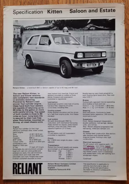 1975 RELIANT KITTEN SALOON & ESTATE car sales brochure, UK catalogue / prospekt