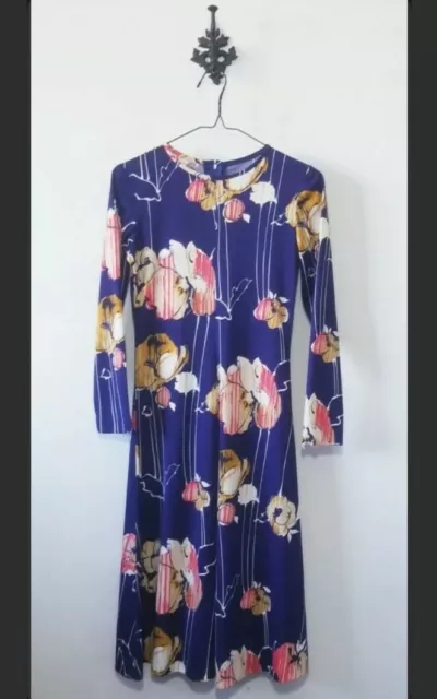 Vintage 60s Liberty House Hawaii Size S Floral Dress Long Sleeve Blue Floral
