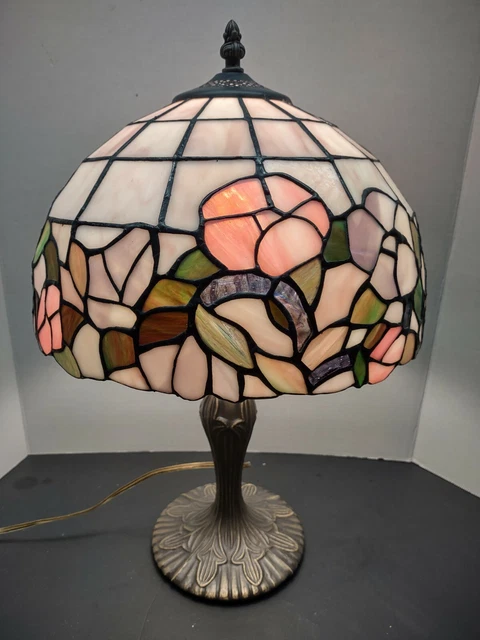 Tiffany style Stained Slag Glass Vintage Table Lamp Pink & Violet Purple Floral