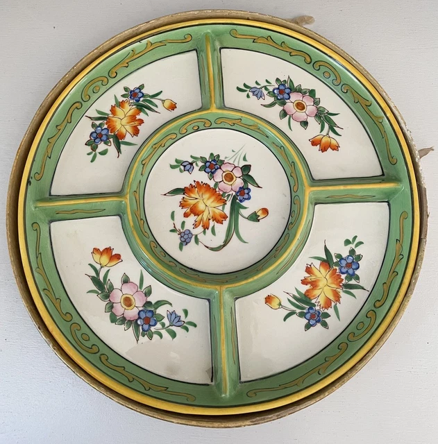 Vintage Japanese Moriyama Mori Machi Hand Painted Divided Dish With Box