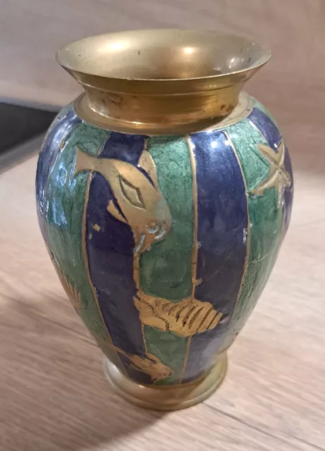 Vase aus Messing, maritime Optik, Vintage, blau/grün emaliert, 14 cm hoch