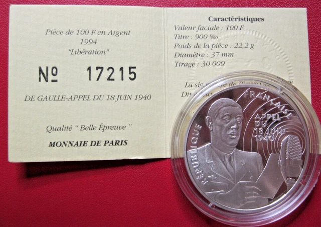 France. 100 Francs BE Libération 1994. De Gaulle, Appel 18 juin.  FDC
