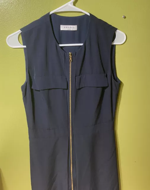 Sandro Paris Sleeveless Zipper Rainy Dress Navy Blue W Gold Zip Size 2 3