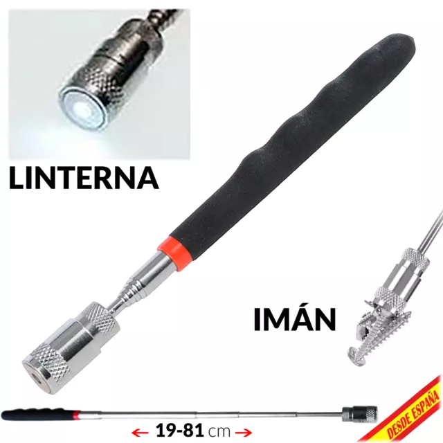 RECOGEDOR IMAN CON LED DE 81CM EXTENSIBLE CON LINTERNA LUZ Coge Tornillos DIY