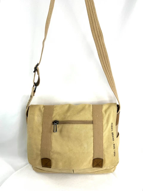 Fossil Tan Canvas Large Messenger Bag Magnetic Closure Wide Strap mbg1160