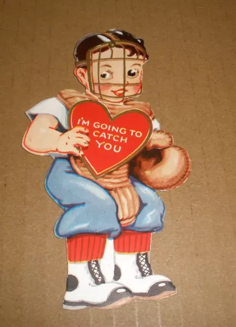 1930's Mechanical Valentine Googly Eyes BASEBALL CATCHER I'm Going to Catch You"