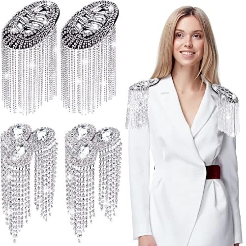 4 Pieces Rhinestone Tassel Shoulder Applique Crystal Fringe Shoulder Epaulett...