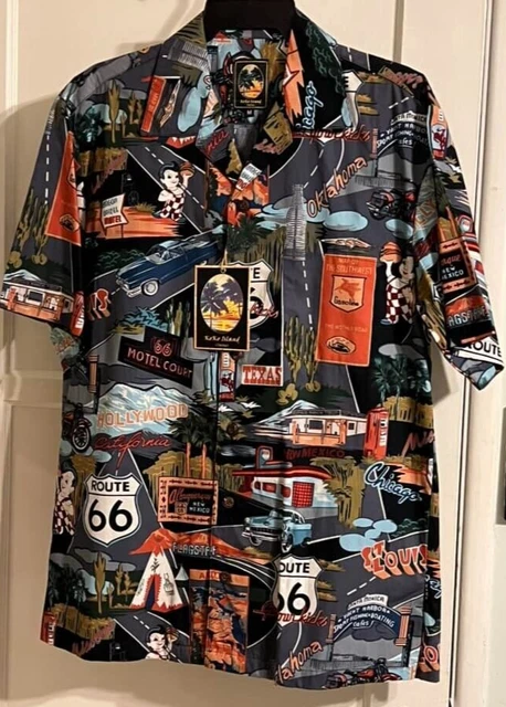 NWT Med Koko Island Route 66 Locations Bob's Big Boy Texas Hawaiian Aloha Shirt