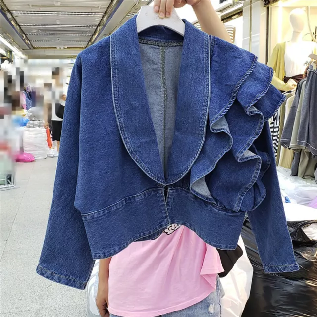 Womens Casual Denim Jacket Coat Ruffle Asymmetric V Neck Jean Tops