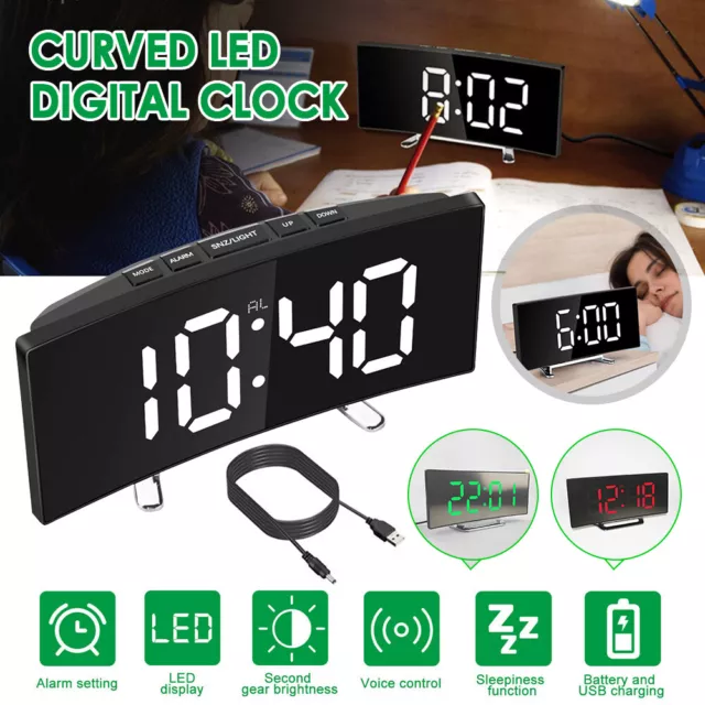 LED Electric Digital Alarm Clock Mirror Temperature Time Display Snooze USB