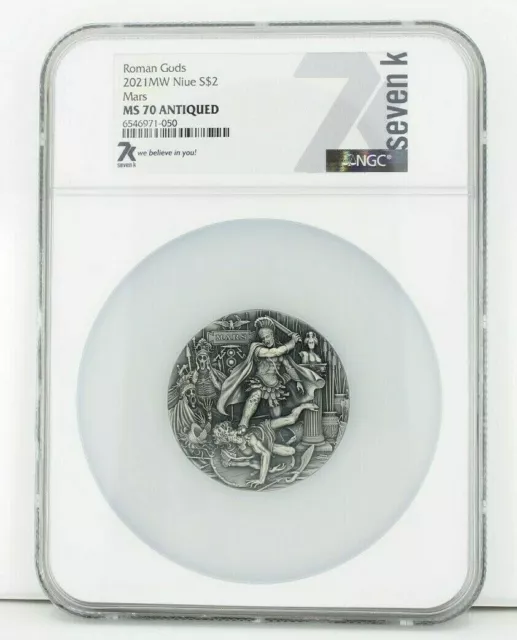 2021 Niue MV $2 2 oz Silver Roman Gods: Mars High Relief Antiqued NGC MS 70