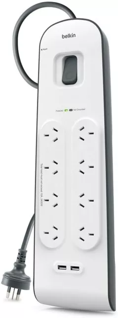 Belkin 8 Way Outlet Surge Protector 2M Power Board 2.4A w 2