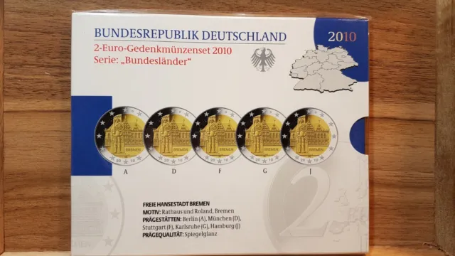 2 Euro Gedenkmünzenset 2010 Serie:Bundesländer Freie Hansestadt Bremen ADFGJ  PP