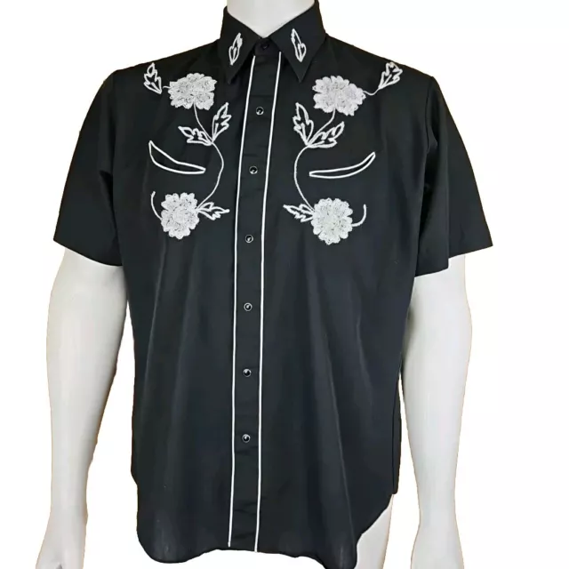 Karman Western Shirt Mens L Pearl Snap Embroidered Black Short Sleeve Vintage