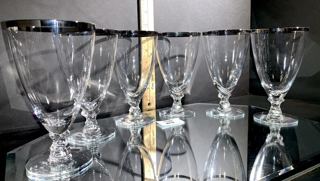 Vtg 6 Fostoria Silver Rim Wedding Ring Stemware Wine Water Tea Glasses Goblets