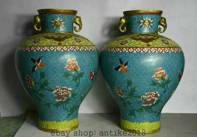14.4" Marked Old China Qing Cloisonne Enamel Flower Birds Ears Bottle Vase Pair