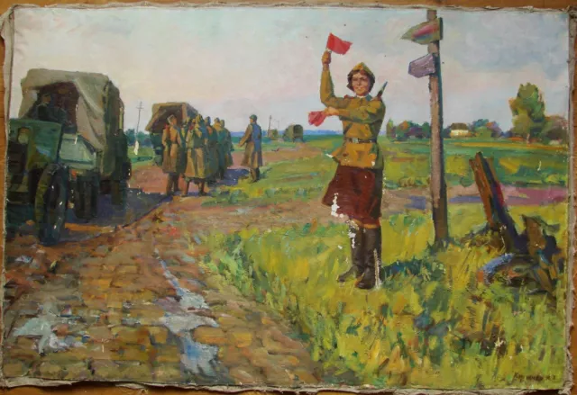 Ukrainian Soviet USSR oil painting military road girl soldier army WW2