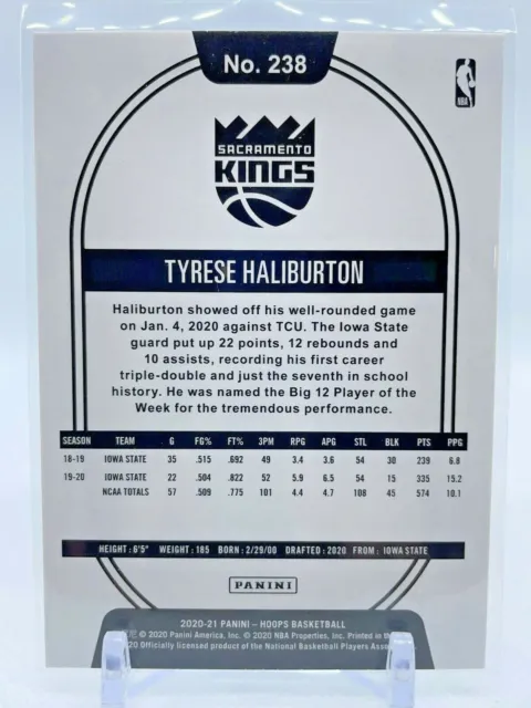 CARTE RECRUE 2020-21 Panini NBA Hoops Tyrese Haliburton #238 RC ...