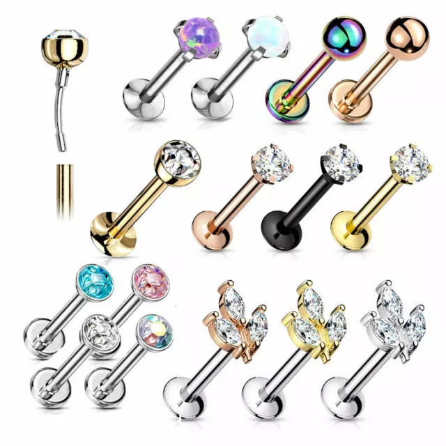 16G 6mm,8mm Push Pin Threadless Labret Tragus Helix Earrings CZ Ring 1/4" 5/16"