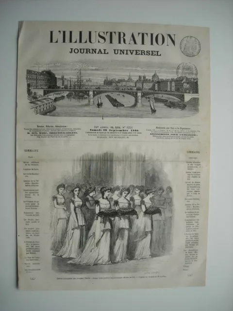 Gravure 1866. Entree Triomphale Troupes Prussiennes A Berlin.  Jeunes Filles Roi
