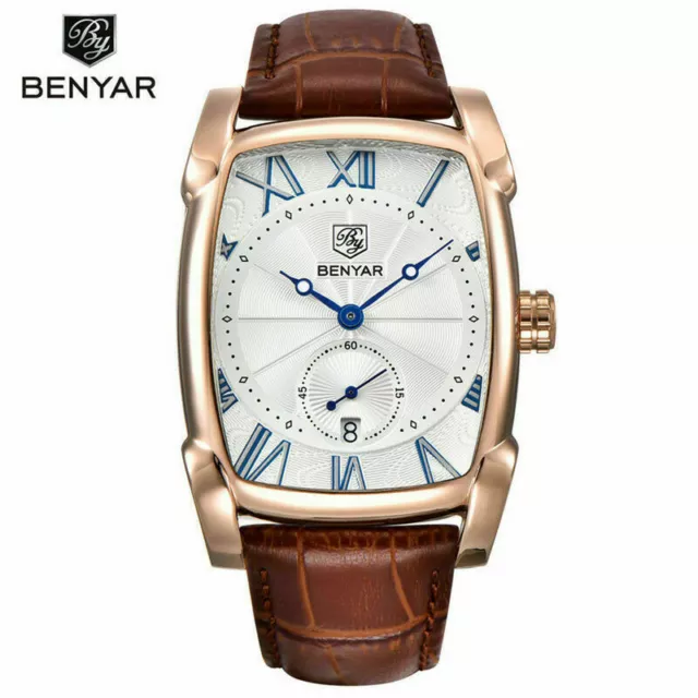 BENYAR Brand Military Sport Mens Quartz Watches Leather Band Watch Date Display