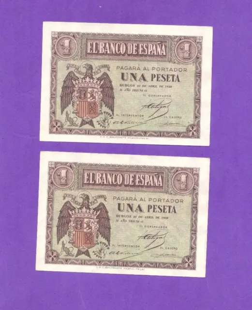Spaiin-Banknote    Rare  Consecutive Pair  -  1   Pesetas  1938 -  Xf+