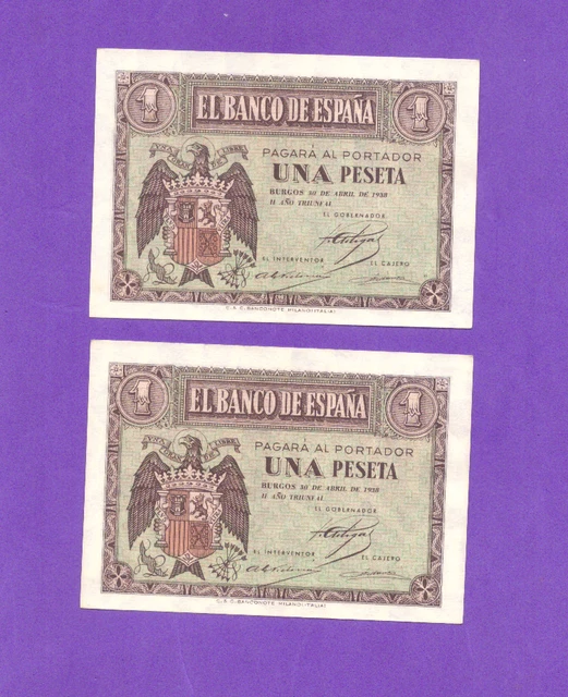 Spaiin-Banknote    Rare  Consecutive Pair  -  1   Pesetas  1938 -  Xf+