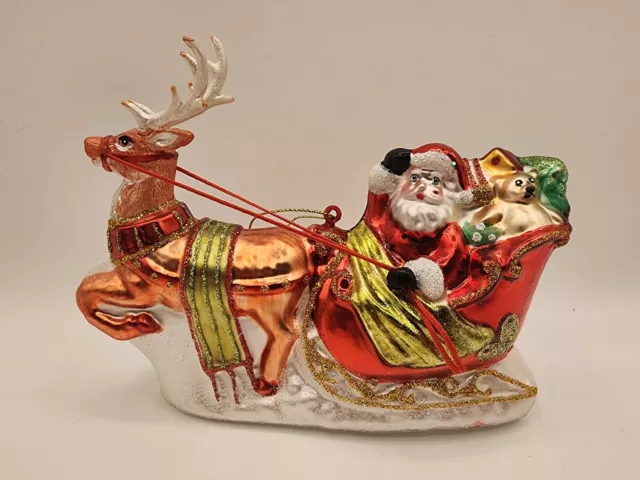 Robert Stanley Santa Claus Sleigh Reindeer Glass Hanging Christmas Ornament NWT