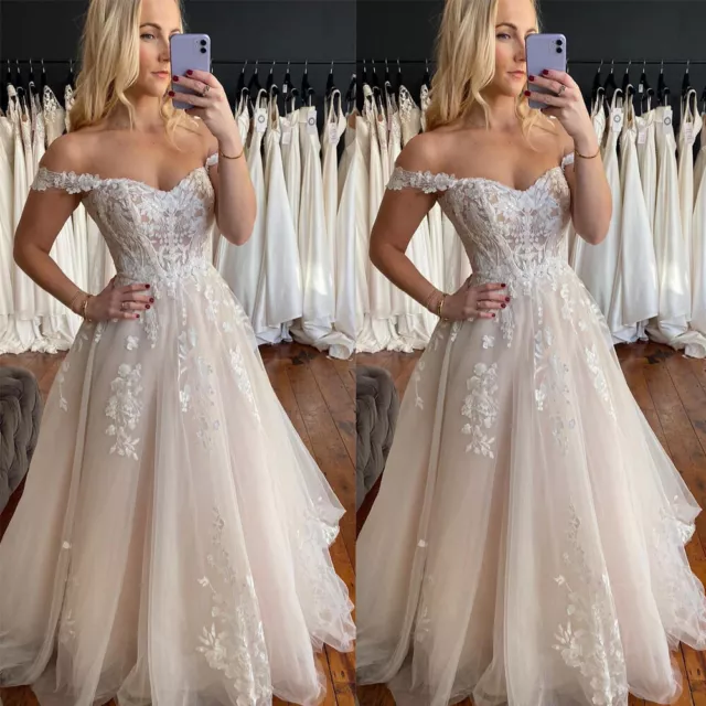 Off The Shoulder Wedding Dresses Lace Appliques A Line Beach Boho Bridal Gowns