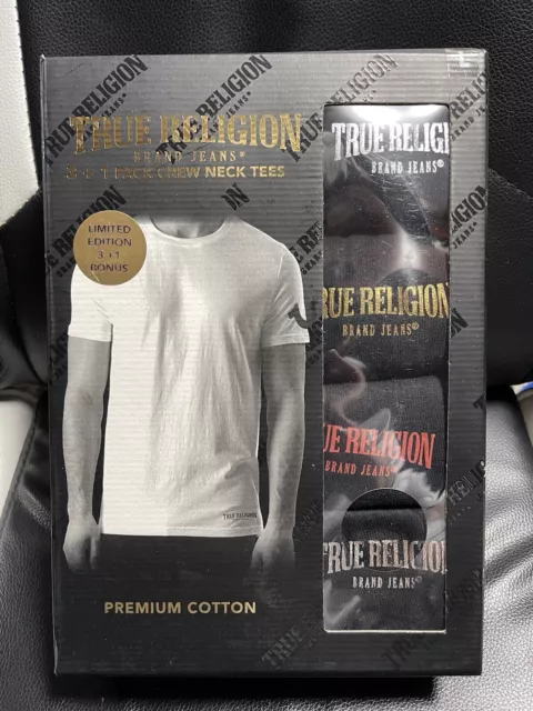 TRUE RELIGION 4-Pack Men's L Premium Cotton Crew Neck Logo T Shirt Black