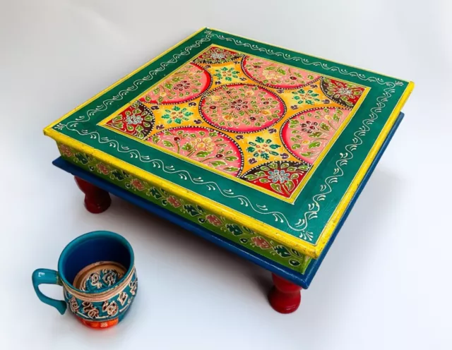 Small Coffee Table Lime Green Wooden Indian Bajot Hand Painted Ethnic Furniture