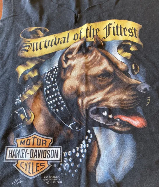 VTG 1991 Rare 3D Emblem Harley Davidson Survival Of The Fittest Pitbull T-Shirt