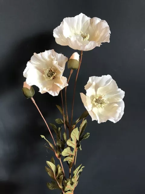 Stem of Cream White Faux Silk Poppies, Artificial Wild Meadow Poppy Flowers