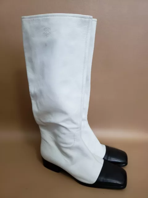 VINTAGE CHANEL WINTER 1998 White Black Square Toe Leather Boots Size. 37  $712.50 - PicClick
