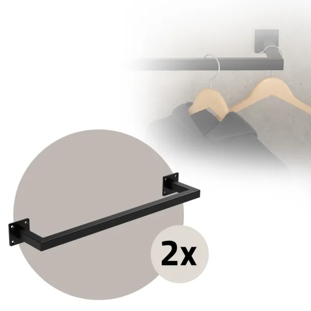 2x Porta asciugamani barra appendiabiti in acciaio nero attacco al muro 60x12 cm