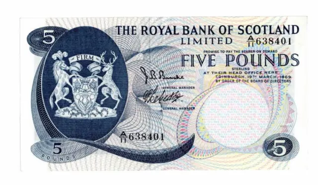 ROYAL BANK of SCOTLAND  £5 note, aUNC, note issued 19th March 1969.