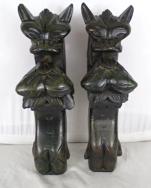 Antique French Pair of Carved Oak Wood Chimera Griffins Corbels
