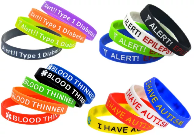 4 Pack Silicone Bracelets Wrist Bands Medical Alert Health Survival Awareness