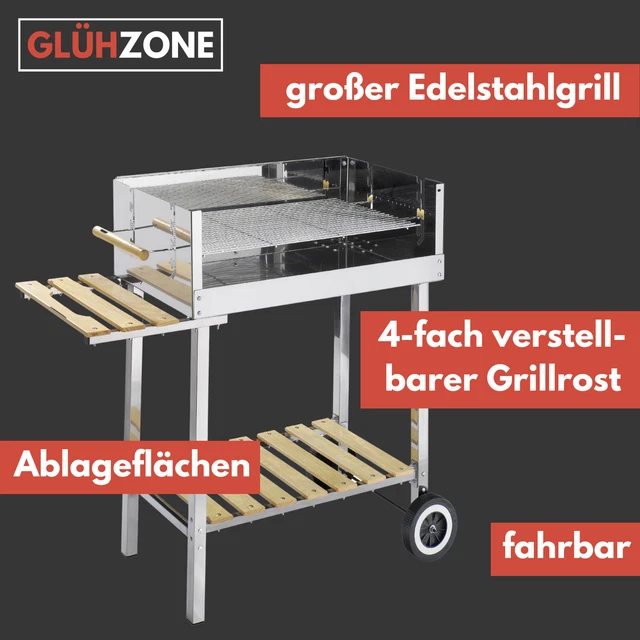 Edelstahl Holzkohlegrill 1140 Mm, Fahrbar, Mit Höhenverstellbarem Kohlekasten, 39 Kg