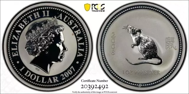 Australia- Spectacular Year Of The Rat(鼠) Silver Dollar, 2007, Pcgs Graded Ms69