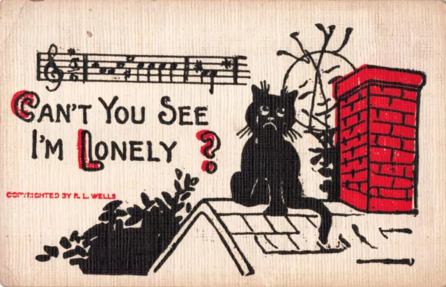Halloween, Lonely Black Cat, Full Moon, Textured, Vintage Postcard