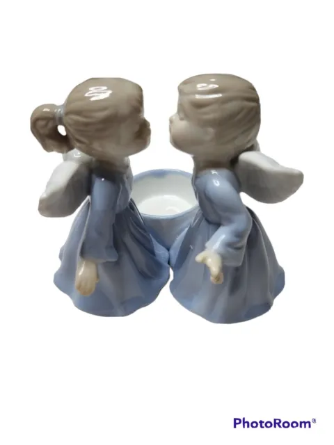Vintage Ceramic Kissing Angels Figurine, Candleholder, Blue & White