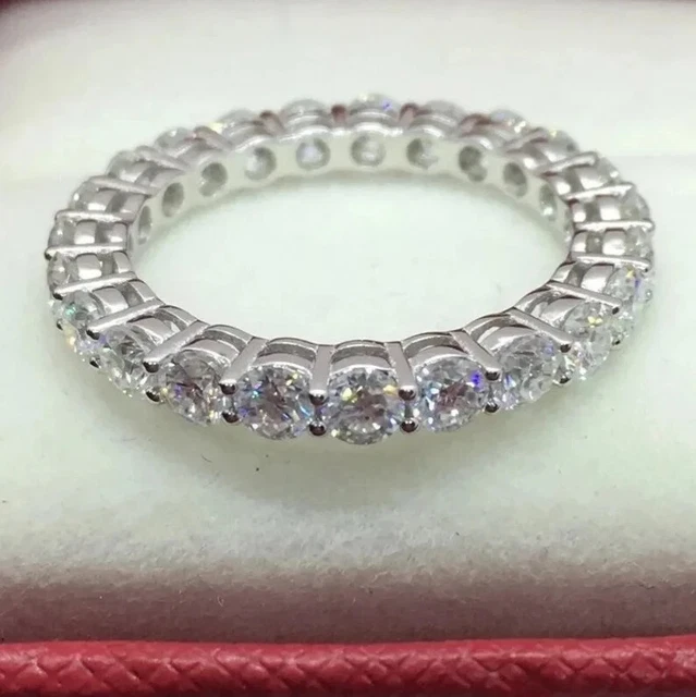 2.1Ct Round Cut Real Moissanite Full Eternity Wedding Band 14K White Gold Plated