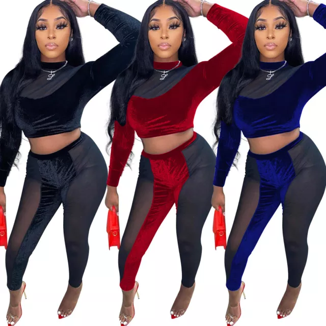 Sexy Women's Mesh Patchwork See Through Long Sleeves Velvet Club Jumpsuit 2pcs