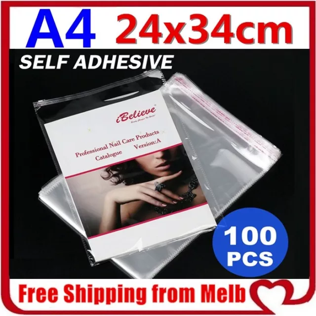 100x A4 Cello Bag 24x34cm Cellophane Clear Resealable Plastic Self Seal Adhesive