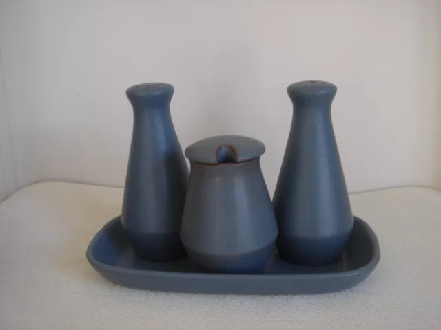 DENBY      Echo  Blue  - Cruet Set ( salt, pepper & mustard pot + Tray)