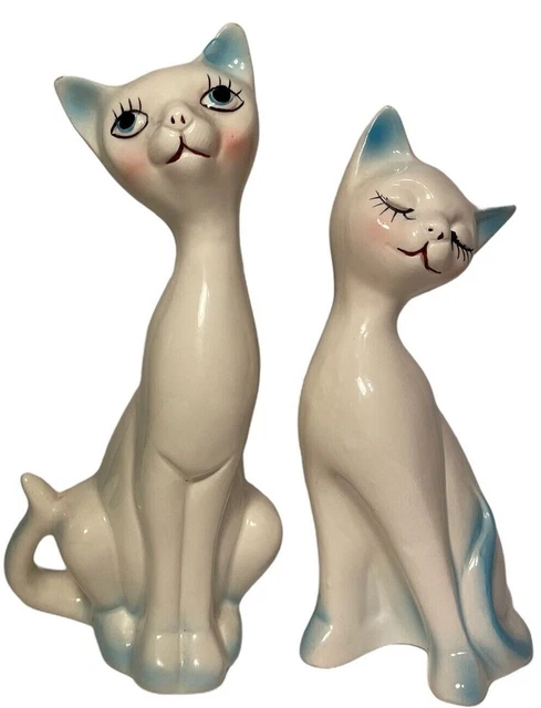 Pair Mid Century Long Neck Siamese Cat Figurines Turquoise Hand Painted Japan Pair Mid Century Long Neck Siamese Cat Figurines Turquoise Hand Painted Japan